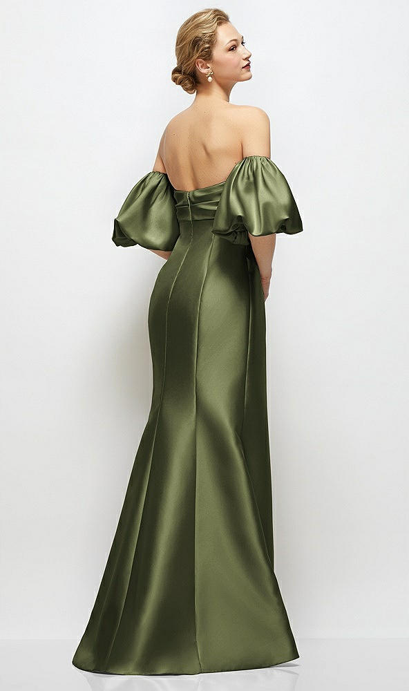 Back View - Olive Green Off-the-Shoulder Puff Sleeve Satin Maxi Dress with Flared Skirt