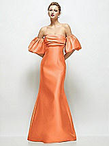 Front View Thumbnail - Portofino Orange Off-the-Shoulder Puff Sleeve Satin Maxi Dress with Flared Skirt