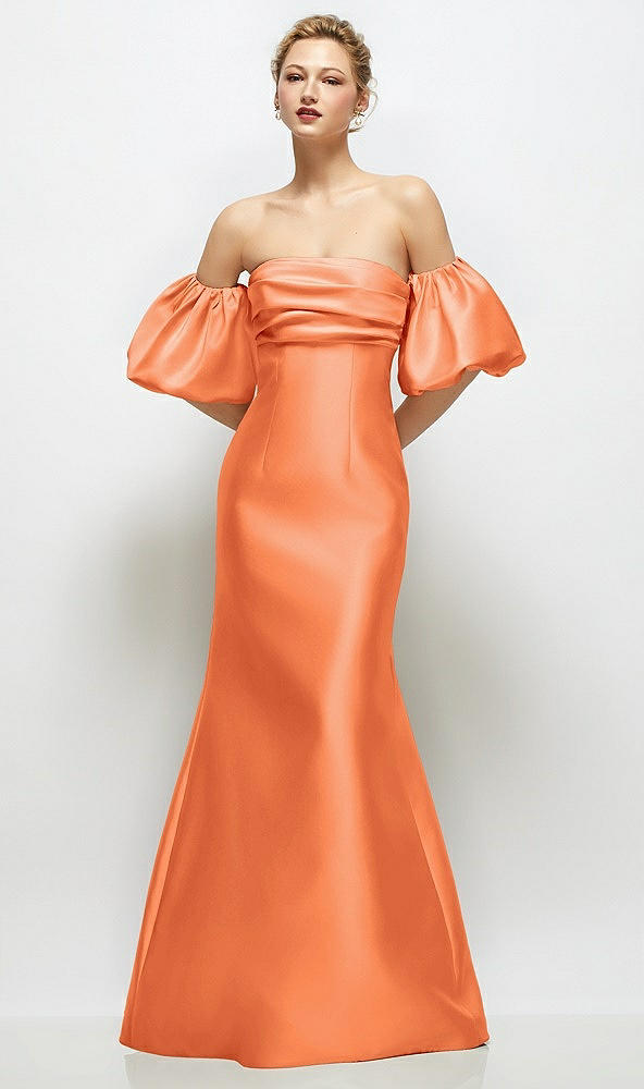 Front View - Portofino Orange Off-the-Shoulder Puff Sleeve Satin Maxi Dress with Flared Skirt
