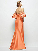 Rear View Thumbnail - Portofino Orange Off-the-Shoulder Puff Sleeve Satin Maxi Dress with Flared Skirt