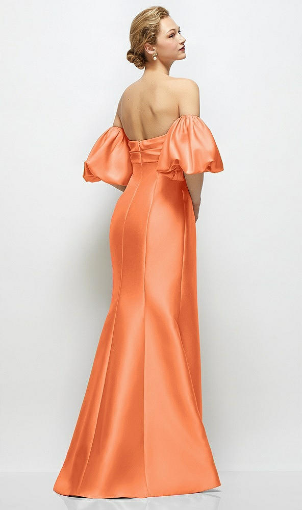 Back View - Portofino Orange Off-the-Shoulder Puff Sleeve Satin Maxi Dress with Flared Skirt
