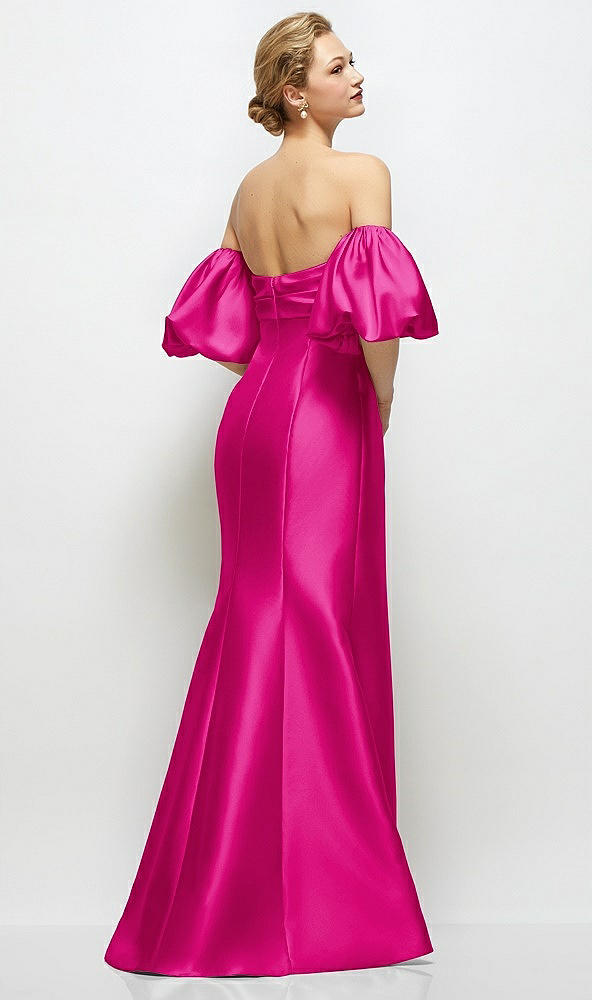 Back View - Think Pink Off-the-Shoulder Puff Sleeve Satin Maxi Dress with Flared Skirt