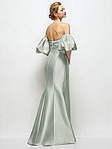 Rear View Thumbnail - Willow Green Off-the-Shoulder Puff Sleeve Satin Maxi Dress with Flared Skirt
