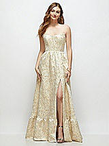 Front View Thumbnail - Champagne Filigree Strapless Cat-Eye Boned Bodice Brocade Maxi Dress with Ruffle Hem