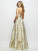 Rear View Thumbnail - Winter Rose Strapless Cat-Eye Boned Bodice Gold Leaf Brocade Maxi Dress with Ruffle Hem