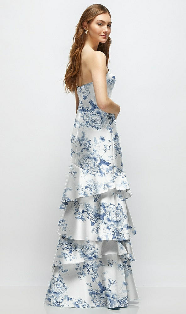 Back View - Cottage Rose Larkspur Floral Strapless Bodycon Maxi Dress with Tiered Ruffle Skirt
