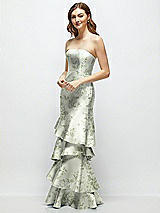 Front View Thumbnail - Sage Cottage Rose Floral Strapless Bodycon Maxi Dress with Tiered Ruffle Skirt