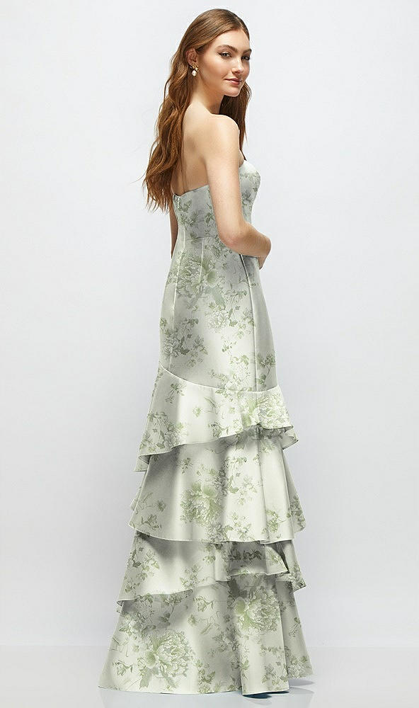 Back View - Sage Cottage Rose Floral Strapless Bodycon Maxi Dress with Tiered Ruffle Skirt