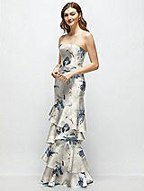 Front View Thumbnail - Inkwash Blue Floral Floral Strapless Bodycon Maxi Dress with Tiered Ruffle Skirt