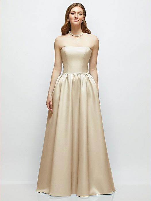 Strapless Satin Drop Waist Gown with Full Skirt