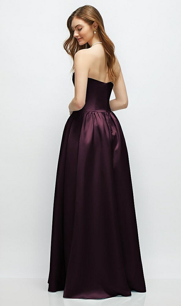 Back View - Deep Plum Strapless Satin Drop Waist Gown with Full Skirt