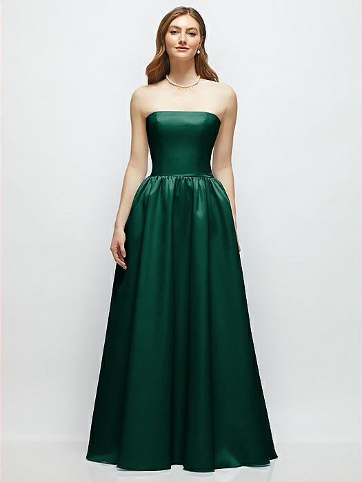 Strapless Satin Drop Waist Gown with Full Skirt