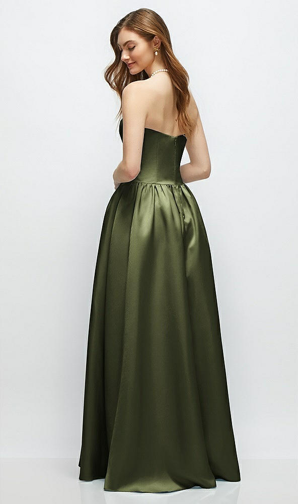 Back View - Olive Green Strapless Satin Drop Waist Gown with Full Skirt