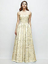 Front View Thumbnail - Butter Yellow Floral Floral Strapless Satin Drop Waist Gown with Full Skirt
