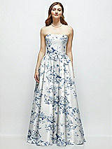 Front View Thumbnail - Cottage Rose Larkspur Floral Strapless Satin Drop Waist Gown with Full Skirt