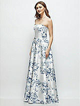Side View Thumbnail - Cottage Rose Larkspur Floral Strapless Satin Drop Waist Gown with Full Skirt