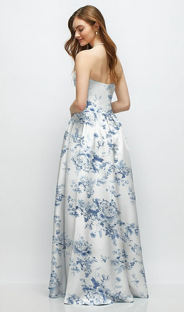 Back View - Cottage Rose Larkspur Floral Strapless Satin Drop Waist Gown with Full Skirt