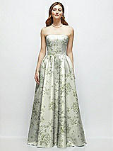 Front View Thumbnail - Sage Cottage Rose Floral Strapless Satin Drop Waist Gown with Full Skirt