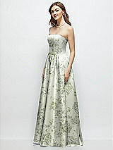 Side View Thumbnail - Sage Cottage Rose Floral Strapless Satin Drop Waist Gown with Full Skirt