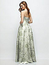 Rear View Thumbnail - Sage Cottage Rose Floral Strapless Satin Drop Waist Gown with Full Skirt