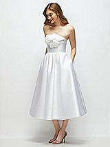 Side View Thumbnail - White Strapless Satin Midi Dress with Handmade Flower & Horsehair Hem