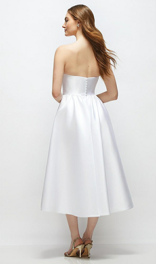 Back View - White Strapless Satin Midi Dress with Handmade Flower & Horsehair Hem