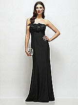 Front View Thumbnail - Black Strapless Black Fit and Flare Dress with Handmade Flower