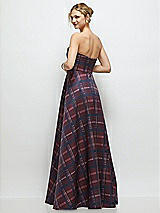 Rear View Thumbnail - Cabernet Midnight Tartan Strapless Draped Tartan Cat-Eye Satin Maxi Dress with Full Skirt