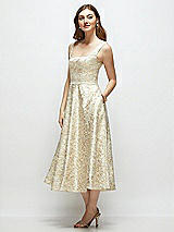 Side View Thumbnail - Champagne Filigree Square Neck Champagne Floral Brocade Midi Dress