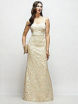 Front View Thumbnail - Champagne Filigree Champagne Floral Brocade Square Neck Maxi Dress with Trumpet Skirt