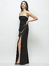 Side View Thumbnail - Black Strapless Lace and Satin Corset Maxi Dress with Draped Column Skirt