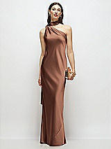Front View Thumbnail - Cognac Draped Scarf One-Shoulder Bias Stretch Satin Maxi Dress