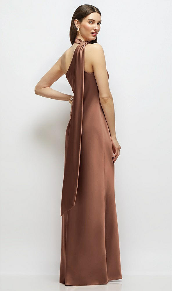 Back View - Cognac Draped Scarf One-Shoulder Bias Stretch Satin Maxi Dress
