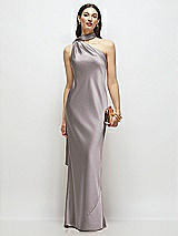 Front View Thumbnail - Cashmere Gray Draped Scarf One-Shoulder Bias Stretch Satin Maxi Dress
