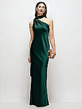 Front View Thumbnail - Evergreen Draped Scarf One-Shoulder Bias Stretch Satin Maxi Dress