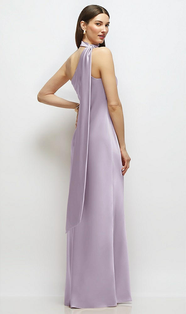 Back View - Lilac Haze Draped Scarf One-Shoulder Bias Stretch Satin Maxi Dress