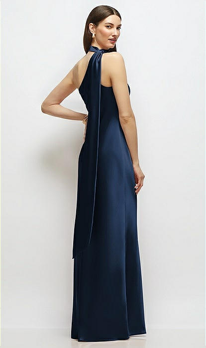 Draped Scarf One-shoulder Bias Stretch Satin Maxi Bridesmaid Dress