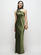Front View Thumbnail - Olive Green Draped Scarf One-Shoulder Bias Stretch Satin Maxi Dress