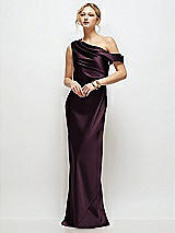 Front View Thumbnail - Deep Plum Draped One-Shoulder Bias Stretch Satin Maxi Dress