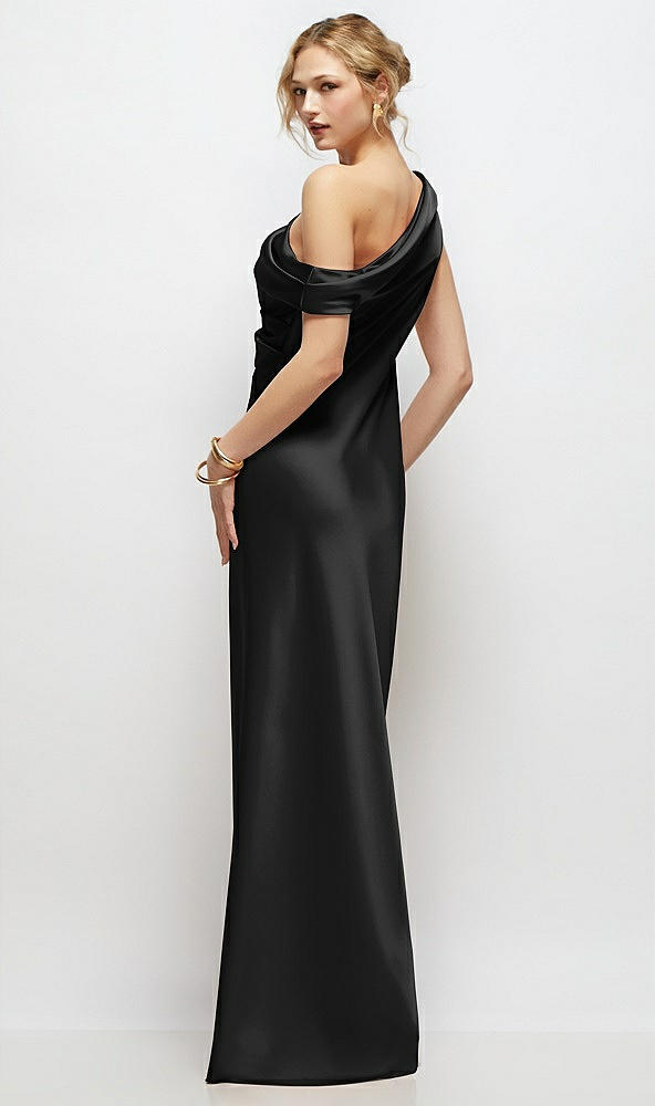 Back View - Black Draped One-Shoulder Bias Stretch Satin Maxi Dress