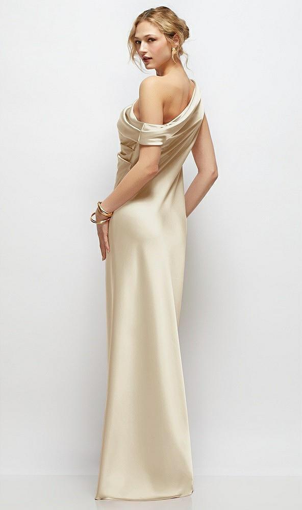 Back View - Champagne Draped One-Shoulder Bias Stretch Satin Maxi Dress