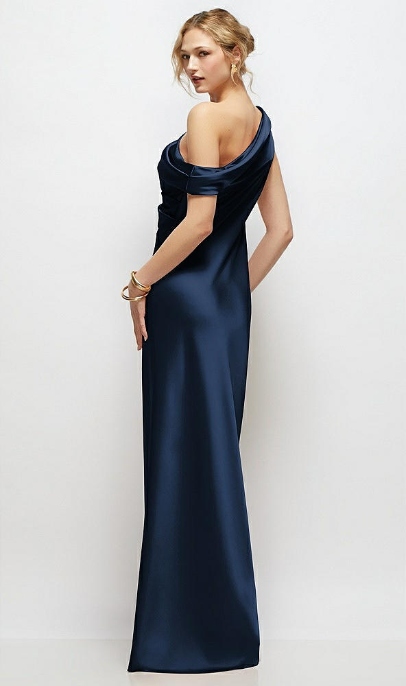Back View - Midnight Navy Draped One-Shoulder Bias Stretch Satin Maxi Dress