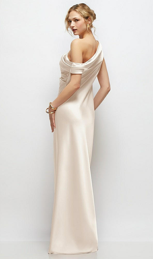 Back View - Oat Draped One-Shoulder Bias Stretch Satin Maxi Dress