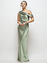 Front View Thumbnail - Sage Draped One-Shoulder Bias Stretch Satin Maxi Dress