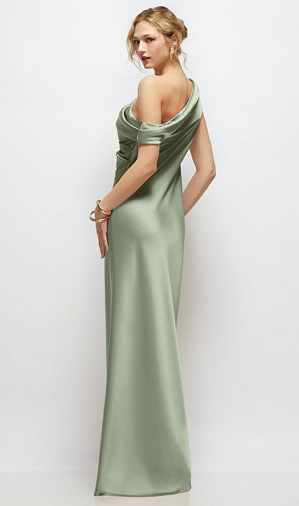 Back View - Sage Draped One-Shoulder Bias Stretch Satin Maxi Dress