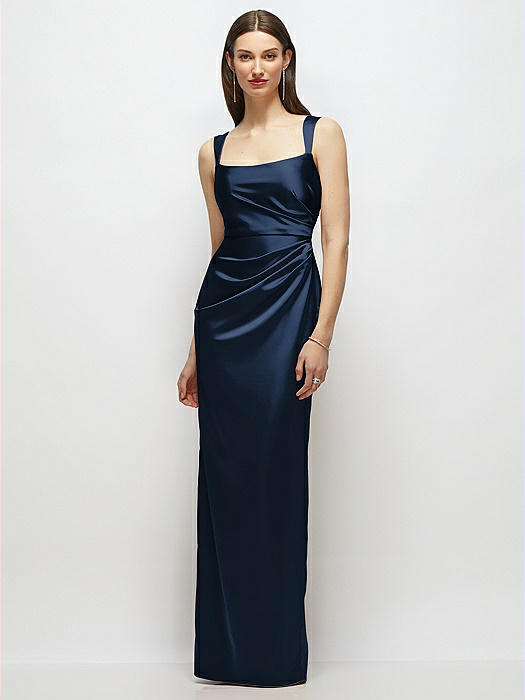 Scoop Neck Draped Column Stretch Satin Maxi Dress