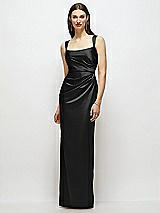 Front View Thumbnail - Black Scoop Neck Draped Column Stretch Satin Maxi Dress