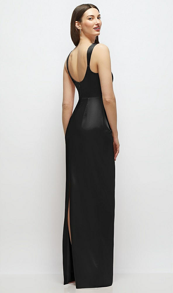 Back View - Black Scoop Neck Draped Column Stretch Satin Maxi Dress