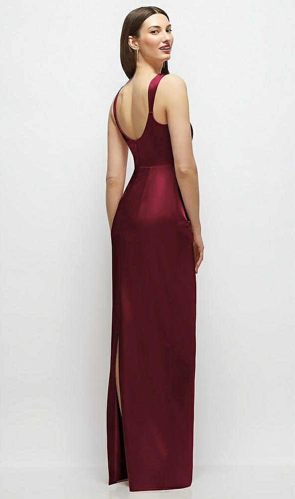 Back View - Cabernet Scoop Neck Draped Column Stretch Satin Maxi Dress