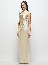Side View Thumbnail - Champagne Scoop Neck Draped Column Stretch Satin Maxi Dress